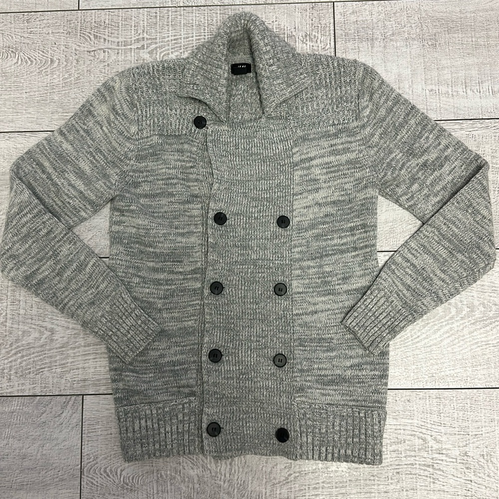 H&M Mens Collared Knit Buttons Preppy Gray Cardigan Sweater Small Wool Blend